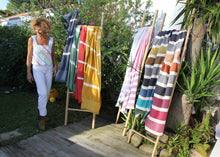 FOUTA BICOLORE RAYÉE - bleu et beige