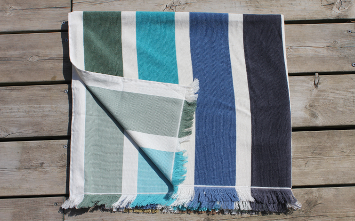 FOUTA BICOLORE RAYÉE - bleu et beige