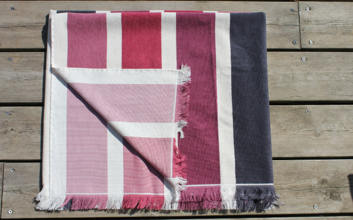 FOUTA BICOLORE RAYÉE - rose et beige